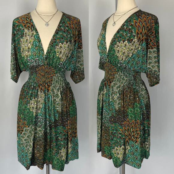 Y2K Mini Dress Green Geometric Print Babydoll Fairy Grunge Stretch Casual Boho - Picture 14 of 14